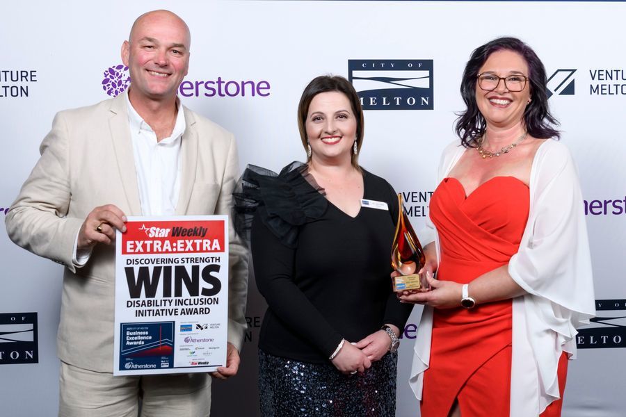 Pictured: Denise and Jason standing with the Disability Inclusion Initiative Award at the 2023 Melton Business Awards